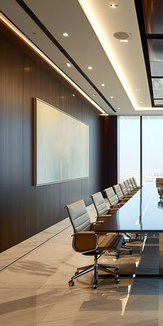 an empty conference room with chairs and a large table in front of a panoramic window