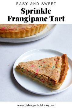 a slice of sprinkle tart on a plate with the text overlay