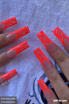 Brighten your Nail Fashion with these Long Acrylic Neon Nail Designs! Perfect for those who love bold colors, these neon red nails make a striking statement. Durable and eye-catching, they’re ideal for any occasion. Save these vibrant acrylic neon nail designs to your Nail design ideas Board to transform your look. Neon Red Nails, Nail Designs Acrylic, Neon Acrylic Nails, Red Acrylic Nails, Neon Red, Glow Nails, Nail Design Ideas