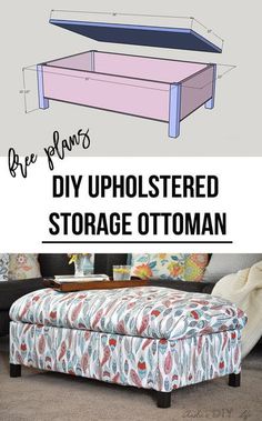 the diy upholstered storage ottoman is shown with text overlaying it