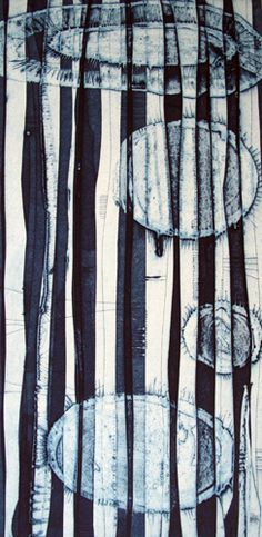 an abstract painting with black and white stripes