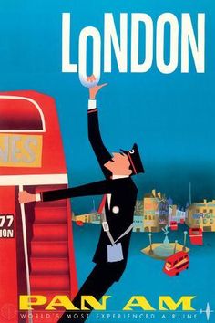 an advertisement for london with a man in a suit and hat climbing up the side of a red bus