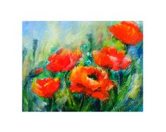 an oil painting of red and orange flowers