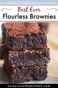 gooey and fudgey flourless brownies stacked on top of each other