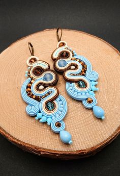 Blue cream brown long soutache earrings, handmade embroidered jewelry, statement earrings with jade, original earrings for women Crystals Jade, Earrings Model, Embroidered Jewelry, Jewelry Summer, Summer Earrings, Casual Jewelry, Jewellery Ideas, Summer Earring