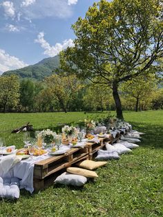 a long table set up in the middle of a field