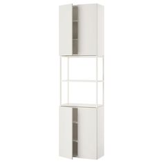 a tall white shelf with two doors and shelves on each side, in front of a white background