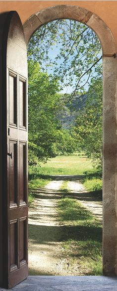 an open door leading to a lush green field with trees in the distance and a stone walkway