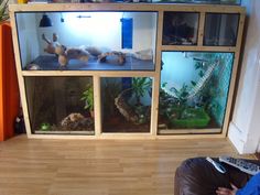 a man sitting in front of a fish tank