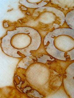 some brown and white circles are in the middle of a coffee pattern on a table