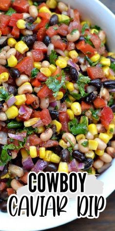 a bowl filled with black eyed peas, corn and cilantro garnish