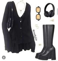 a black outfit with boots, sunglasses and headphones