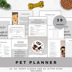 the pet planner is shown with dogs, cats and other things to include in it