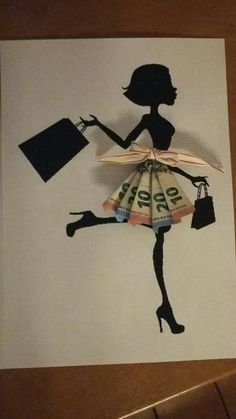 a drawing of a woman holding shopping bags and an umbrella with money coming out of it