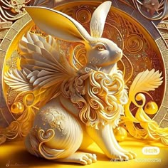 a white rabbit sitting on top of a yellow floor next to a golden wallpaper