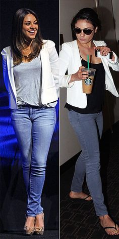 three different pictures of women in jeans, one with a drink and the other without