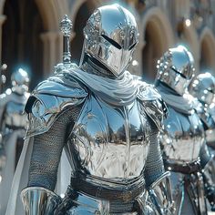 several shiny metal knights standing in front of a building