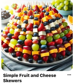 fruit and cheese skewers are arranged on a plate