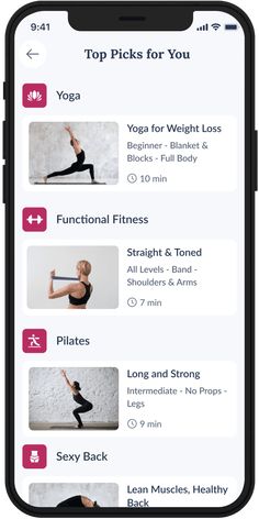 an iphone screen showing the top picks for you app on yoga and pilatess