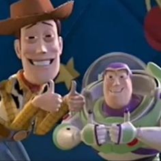 two toy story characters giving thumbs up to each other in front of a blue background