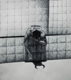 a black and white drawing of a person standing in front of a tiled wall with an umbrella over their head