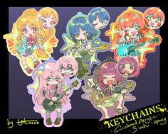 the keychains are designed to look like they have different hair colors and styles