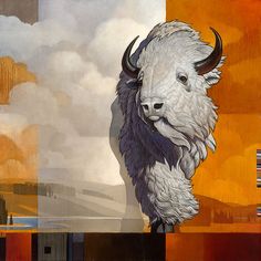 a painting of a bull with long horns on it's head, standing in front of an orange and black background