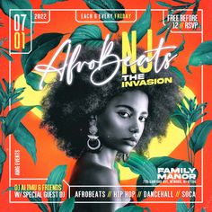 an advertisement for afro nights the invision with a woman's face and green leaves