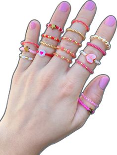 Adjustable Pink Midi Rings As Gift, Adjustable Pink Midi Rings For Gifts, Cute Beaded Rings For Gifts, Trendy Red Stackable Jewelry, Adjustable Stackable Rings For Valentine's Day, Pink Stackable Midi Rings As Gift, Adjustable Multicolor Rings With Tiny Beads, Pink Stackable Rings For Valentine's Day, Valentine's Day Pink Stackable Rings