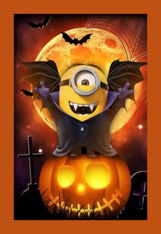 a minion is sitting on top of a pumpkin with bats and the moon in the background