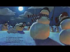 there are many snowmen in the night time scene