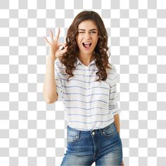 a young woman making the vulcan sign with her hands while standing against a checkered background