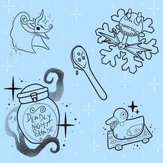 four hand drawn images of various items in black and white on a blue background with snowflakes