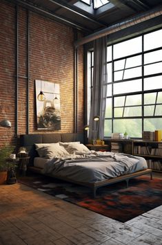 an industrial bedroom with brick walls and flooring, large windows overlooking the valley below