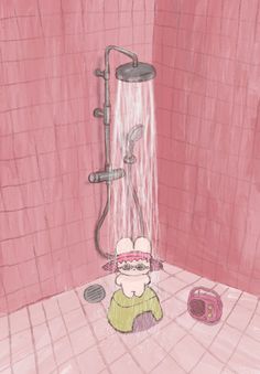 a drawing of a person under a shower head in a pink tiled room with a phone on the floor