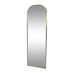 a tall mirror sitting on top of a white floor next to a wall mounted shelf