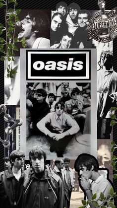 the oasis band collaged in black and white, with images of their members