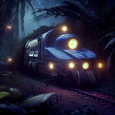 a train traveling through a lush green forest under a full moon filled sky at night