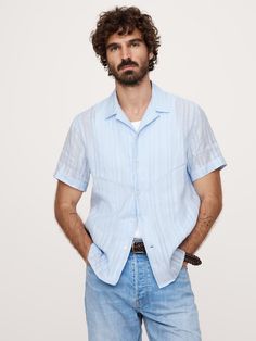 Ready for warm weather, this resort shirt is specially woven for a shadow-stripe effect, using a blend of breathable cotton and luxurious linen—a fiber we love for its ability to stay cool and crisp, even in heat and humidity.  Standard fit.  Resort collar with button-front closure.  Square hem with side vents.  Standard fit.  Short sleeves.  Hip length.  Model: Size M, 6'2" (188cm). Light Blue Casual Short Sleeve Sleepwear, Blue Button-up Vacation Shirt, Blue Cotton Vacation T-shirt, Blue Cotton Short Sleeve Sleepwear, Blue Linen Button-up Short Sleeve Shirt, Resort Shirt, Cozy Chic, Sweater Dress Women, Luxury Linen