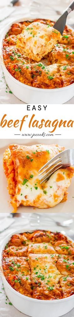 an easy beef lasagna in a white casserole dish with a fork