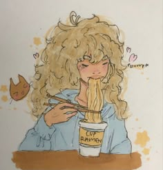 a drawing of a woman eating noodles with chopsticks