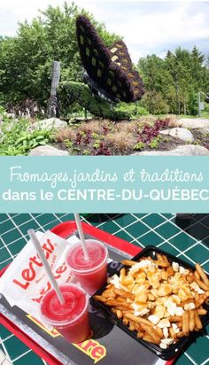 french fries and juices on a tray in front of a large butterfly sculpture with the words