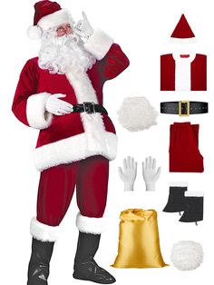 a man dressed up as santa claus with his hands on his hips and other accessories