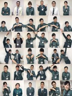 many pictures of young people in green uniforms making the shape of a heart with their hands