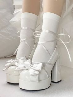 White Heels Aesthetic, Shoes Coquette, Cute Kawaii Outfits, Pretty Heels, Shoes Heels Classy, Kawaii Shoes, White Wedges, Heels Classy, Girly Shoes