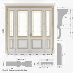 an architectural drawing shows the size and design of a double - doored room with glass panels