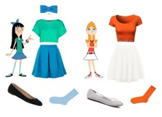 an assortment of clothes and accessories for cartoon characters including shoes, socks, and skirts