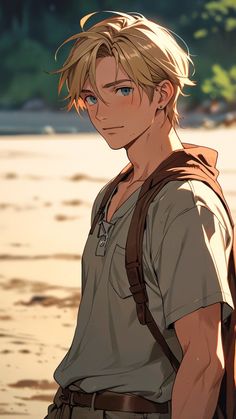 a young man with blonde hair wearing a brown backpack standing in front of the ocean