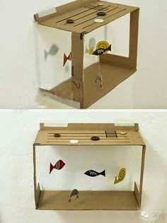 two different views of a fish tank made out of cardboard