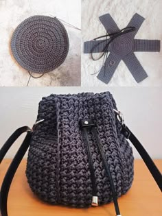 the crocheted bag is being made with yarn and leather straps, along with an additional purse strap